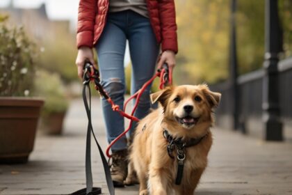 Show an image of a pet owner struggling with tangled leashes, highlighting the frustration of managing multiple pets during walks.